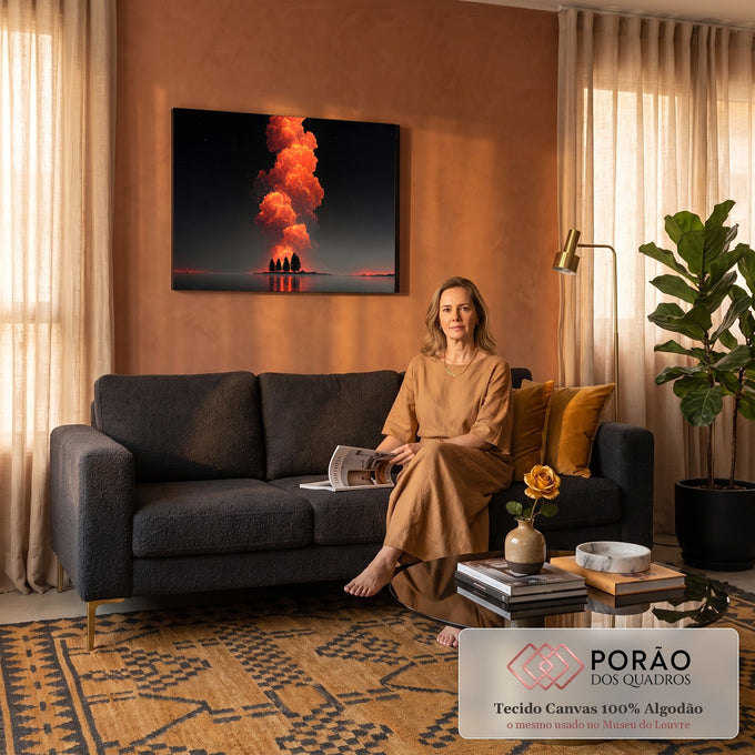 Nuvem de fogo laranja subindo sobre pinheiros refletidos no lago sob céu estrelado, quadro decorativo