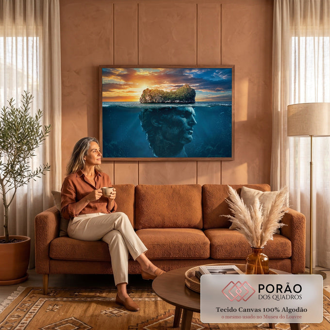 Ilha ao pôr do sol sobre cabeça de estátua grega submersa no oceano azul, arte surreal, quadro decorativo