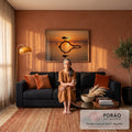 Quadro Decorativo Grande Garça em Galho para Sala Laranja | quadros decorativos para sala de estar | garça silhuetada em galho sobre água ao pôr do sol laranja | em ambiente 3 | Porao dos Quadros