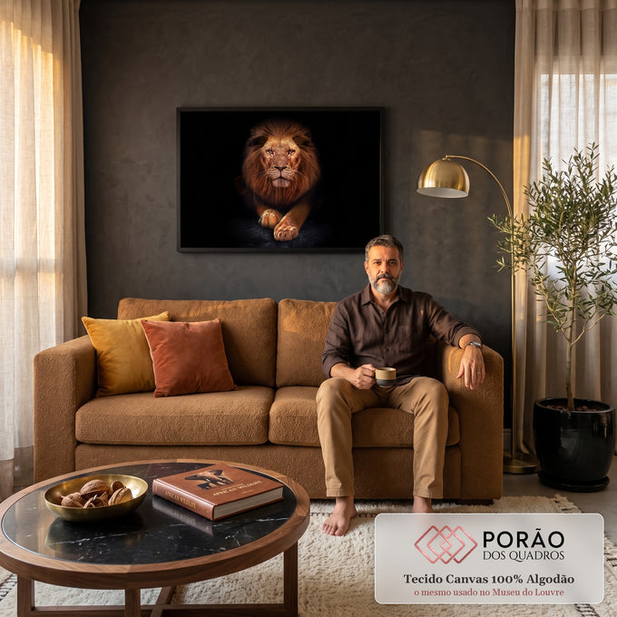 Quadro Decorativo Grande Leão com Juba Marrom para Sala | quadros decorativos para sala de estar | leão de juba dourada avançando com patas estendidas sobre fundo preto | em ambiente 3 | Porao dos Quadros