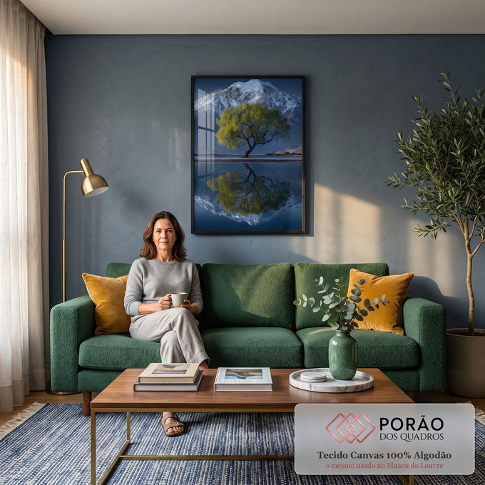 Árvore solitária verde diante de montanha nevada refletida em lago azul espelhado, quadro decorativo