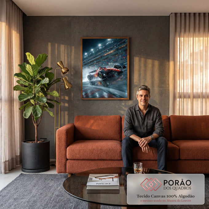 Quadro Decorativo Grande Carro de Corrida para Sala Vermelho | quadros decorativos para sala de estar | carro de corrida vermelho em alta velocidade jogando água na pista à noite | em ambiente 3 | Porao dos Quadros