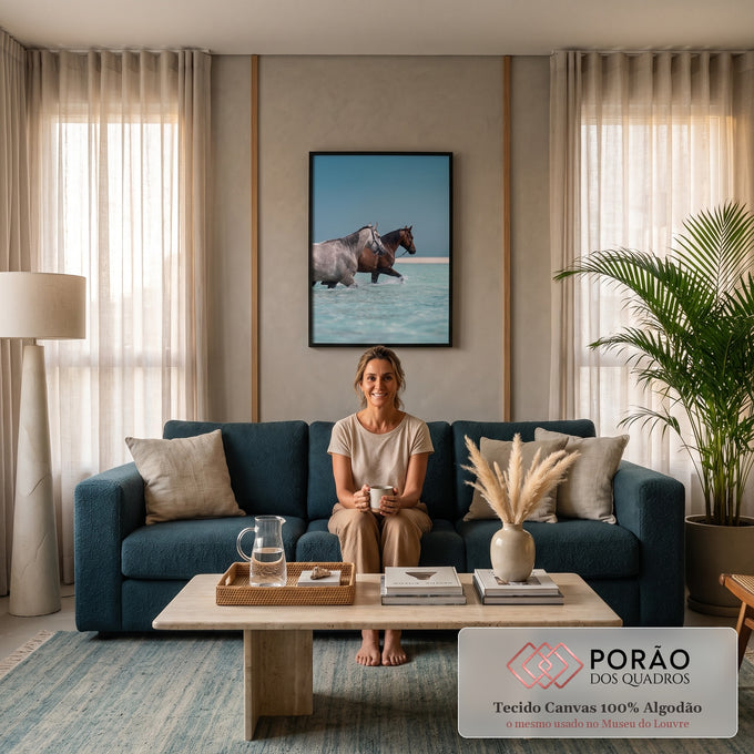 Cavalo tordilho e cavalo baio caminhando no mar raso turquesa sob céu azul, quadro decorativo