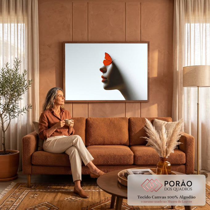 Quadro Decorativo Grande Perfil de Mulher para Sala Laranja | quadros decorativos para sala de estar | perfil feminino em sombra com borboleta laranja pousada no rosto sobre fundo branco | em ambiente 3 | Porao dos Quadros