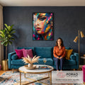 Quadro Decorativo Grande Rosto Feminino para Sala Dourado | quadros decorativos para sala de estar | retrato de mulher em pinceladas coloridas douradas, turquesa e rosa com olhos marcantes | em ambiente 3 | Porao dos Quadros