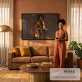 Mulher negra de cabelo black power e vestido estampado sentada sobre tambores djembê, quadro decorativo