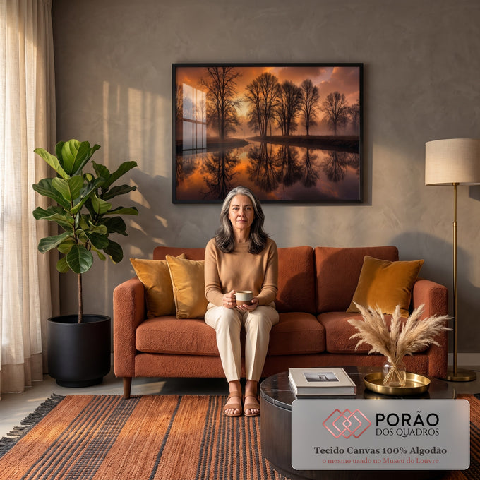 Quadro Decorativo Grande Árvores Refletidas para Sala | quadros decorativos para sala de estar | árvores sem folhas refletidas em rio calmo sob céu laranja de pôr do sol com névoa | em ambiente 3 | Porao dos Quadros