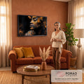 Quadro Decorativo Grande Rosto Rachaduras Douradas para Sala | quadros decorativos para sala de estar | rosto feminino em perfil com rachaduras douradas e borboletas sobre fundo preto | em ambiente 3 | Porao dos Quadros