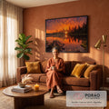 Quadro Decorativo Grande Pôr do Sol Lago para Sala | quadros decorativos para sala de estar | pôr do sol laranja refletido num lago cercado de pinheiros silhuetados | em ambiente 3 | Porao dos Quadros