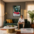 Supercarro vermelho retrô diante do letreiro Beverly Hills Hotel entre palmeiras, quadro decorativo