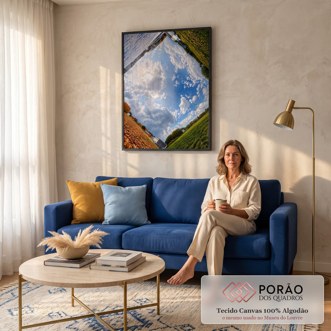 Céu azul com nuvens e sol cercado por neve, campo florido, folhas de outono e grama, quadro decorativo