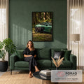 Pantera negra caminhando ao lado de carro esportivo verde em floresta de sequoias, quadro decorativo