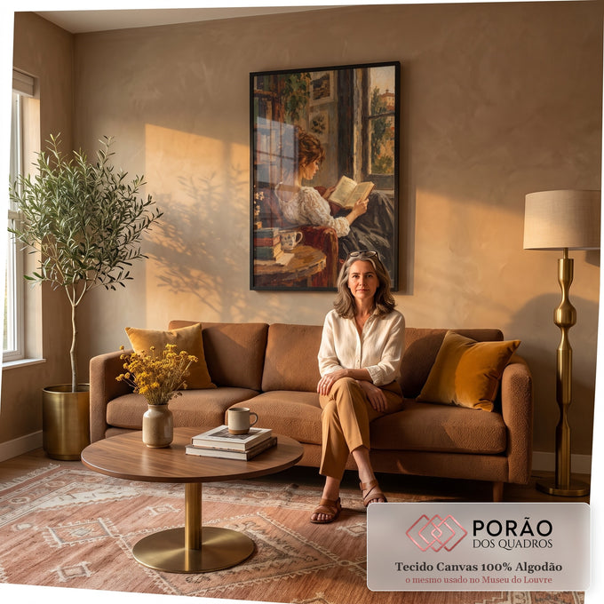 Quadro Decorativo Grande Mulher Lendo Junto para Sala Marrom | quadros decorativos para sala de estar | mulher lendo livro perto de janela em estilo impressionista com tons terrosos | em ambiente 3 | Porao dos Quadros