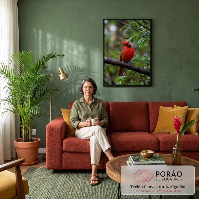 Pássaro cardeal vermelho pousado em galho molhado com folhas verdes e gotas de chuva, quadro decorativo