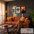 Quadro Decorativo Kit 3 Telas Retratos Surreais para Sala | quadros decorativos para sala de estar | três retratos surreais com peixe-balão, borboletas laranja e fios em forma de coração | em ambiente 3 | Porao dos Quadros