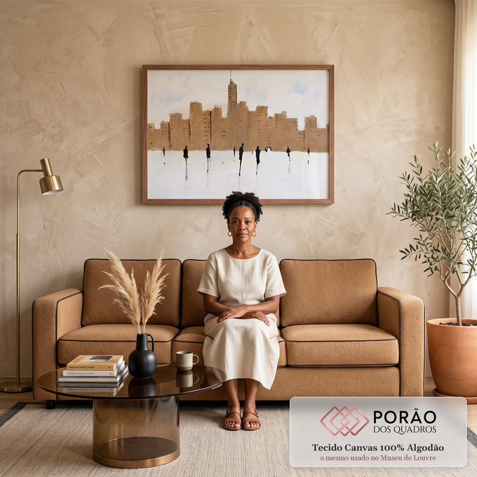 Pintura de prédios em tons bege com silhuetas de pessoas e reflexos sobre fundo branco, quadro decorativo