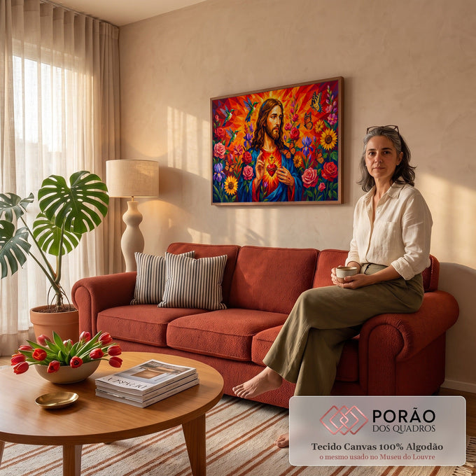 Jesus com o Sagrado Coração em chamas, flores, beija-flores e borboletas em arte poligonal, quadro decorativo