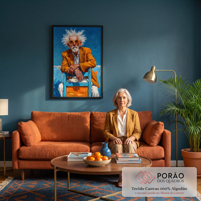 Senhor de cabelo branco e óculos laranja sentado em cadeira azul, pintura em impasto, quadro decorativo