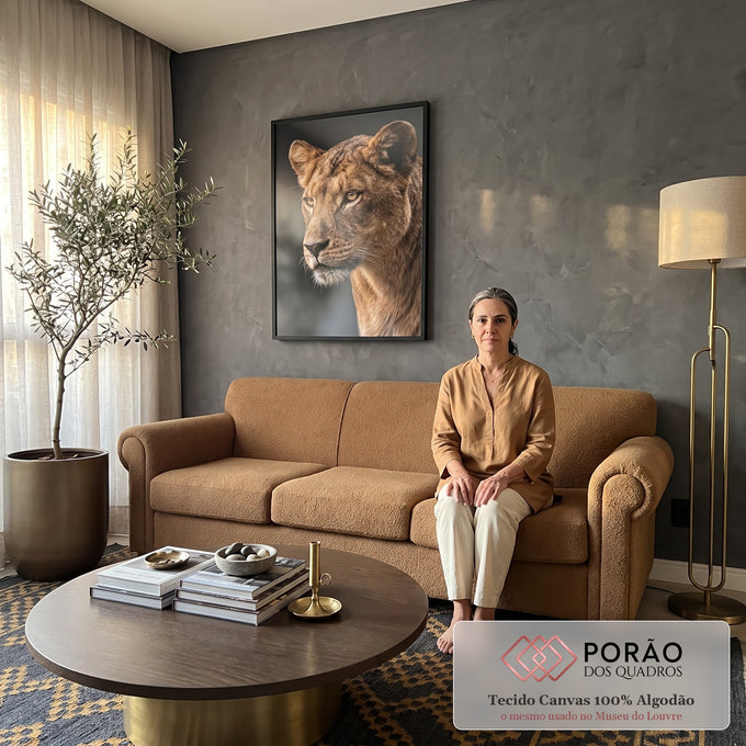 Quadro Decorativo Grande Leoa em Retrato para Sala Dourado | quadros decorativos para sala de estar | leoa em close com olhos âmbar e bigodes brancos sobre fundo cinza | em ambiente 3 | Porao dos Quadros