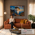 Quadro Decorativo Grande Árvore Solitária Penhasco para Sala | quadros decorativos para sala de estar | árvore solitária em penhasco com sol se pondo sobre o mar ao fundo | em ambiente 3 | Porao dos Quadros