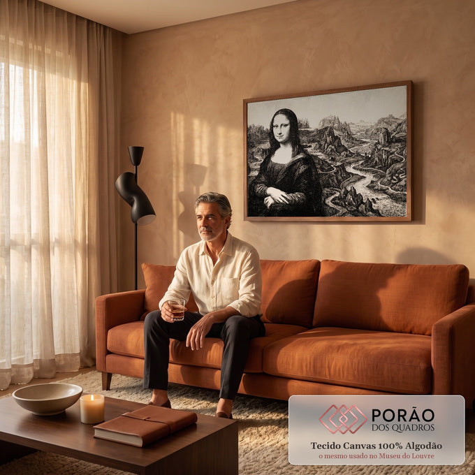 Mona Lisa em gravura a nanquim preto e branco com montanhas e rio sinuoso ao fundo, quadro decorativo