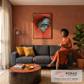Close de olho verde espiando por abertura em tinta vermelha rachada sobre pele cinza, quadro decorativo