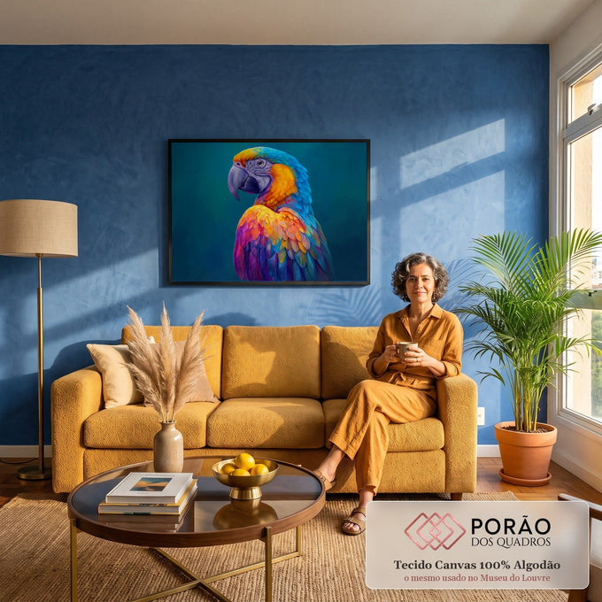 Arara de perfil com penas azuis, laranja e roxas sobre fundo azul petróleo, quadro decorativo