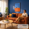 Quadro Decorativo Grande Gato Preto e Gato para Sala Laranja | quadros decorativos para sala de estar | gato preto sentado e gato branco em pé sobre muro laranja com lua crescente ao fundo | em ambiente 3 | Porao dos Quadros