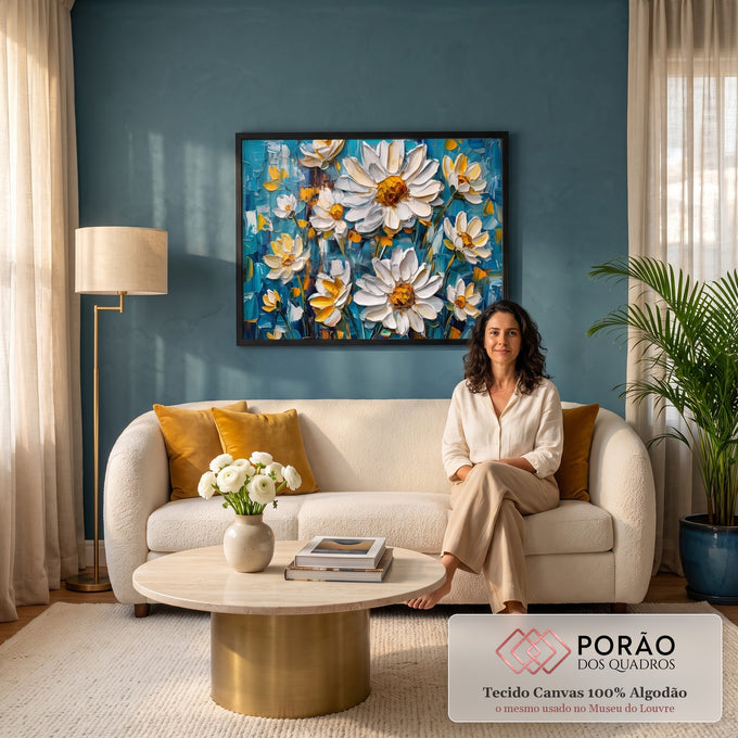 Quadro Decorativo Grande Margaridas Brancas para Sala Azul | quadros decorativos para sala de estar | margaridas brancas texturizadas com centro dourado sobre fundo azul turquesa | em ambiente 3 | Porao dos Quadros