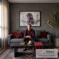 Quadro Decorativo Grande Jesus Cristo para Sala Cinza | quadros decorativos para sala de estar | rosto de Jesus Cristo com coroa de espinhos em grafite com detalhes vermelhos | em ambiente 3 | Porao dos Quadros