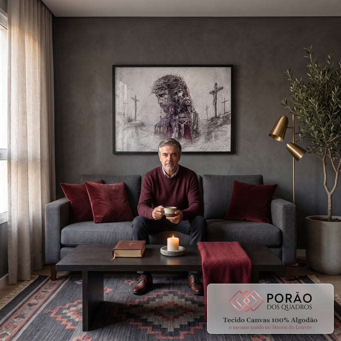 Quadro Decorativo Grande Jesus Cristo para Sala Cinza | quadros decorativos para sala de estar | rosto de Jesus Cristo com coroa de espinhos em grafite com detalhes vermelhos | em ambiente 3 | Porao dos Quadros