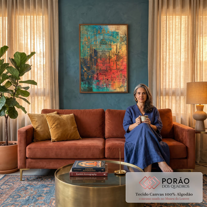 Quadro Decorativo Mandala Tibetana Dourada em Fundo | quadros decorativos para sala de estar | mandala tibetana dourada com templos sobre fundo craquelado azul e vermelho | em ambiente 3 | Porao dos Quadros