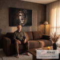 Quadro Decorativo Grande Rosto de Cristo para Sala Preto | quadros decorativos para sala de estar | rosto humano com coroa de espinhos mesclado a face de leão em tons escuros | em ambiente 3 | Porao dos Quadros