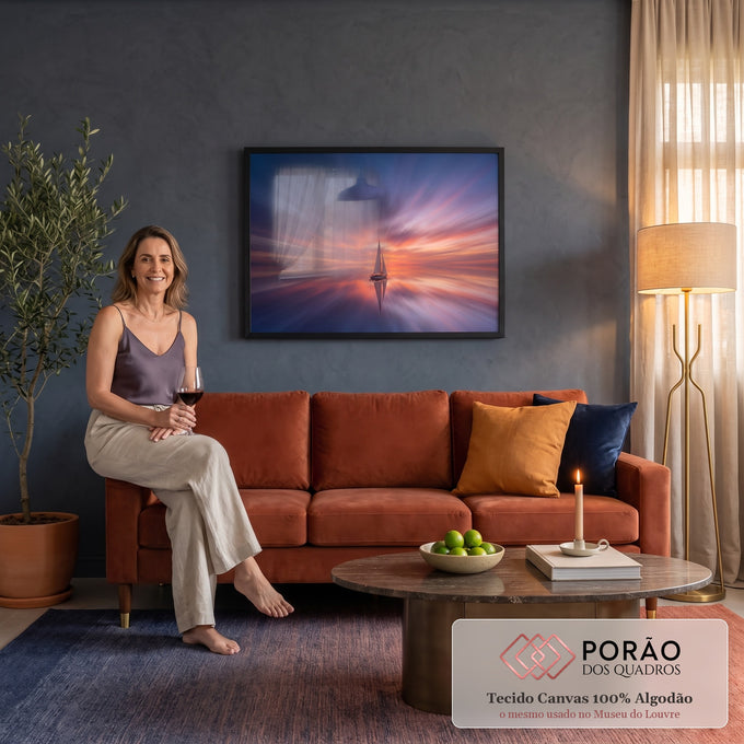 Quadro Decorativo Grande Veleiro Solitário para Sala Laranja | quadros decorativos para sala de estar | veleiro branco solitário refletido em água calma sob céu de pôr do sol | em ambiente 3 | Porao dos Quadros