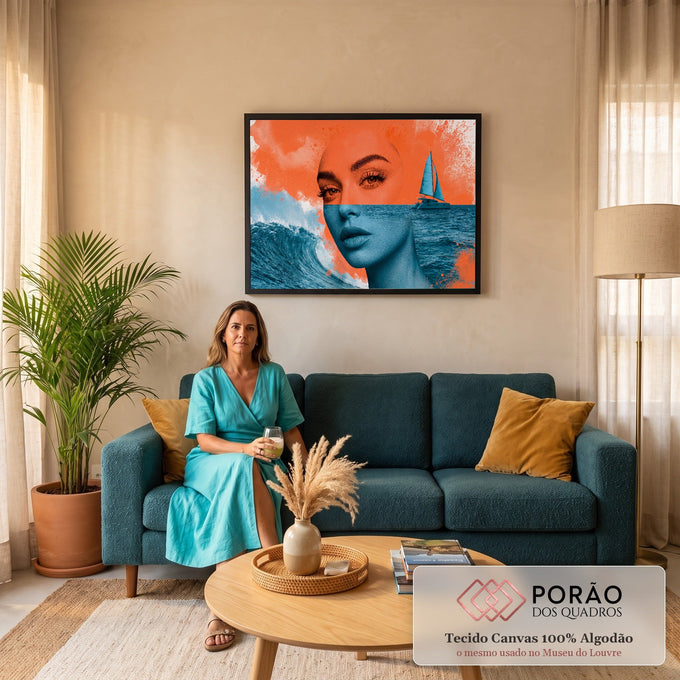 Rosto de mulher dividido em laranja e azul fundido ao mar com onda e catamarã, quadro decorativo