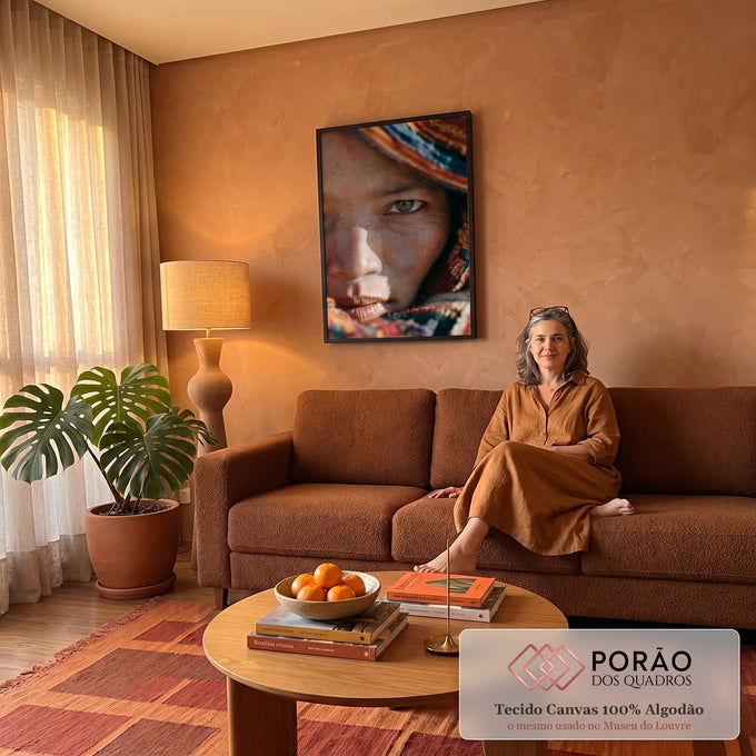 Quadro Decorativo Retrato em Close com Lenço Colorido | quadros decorativos para sala de estar | close de rosto com olho verde-azulado e lenço colorido cobrindo a cabeça | em ambiente 3 | Porao dos Quadros