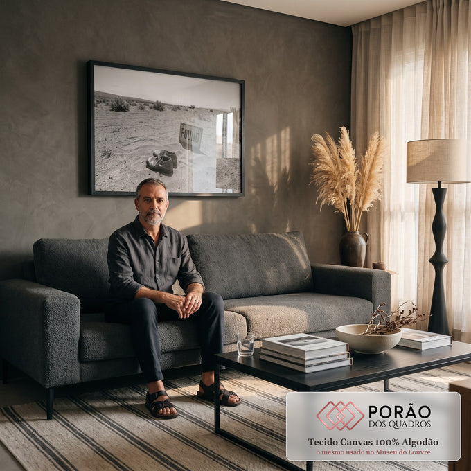 Quadro Decorativo Grande Sapatos e Placa para Sala Preto | quadros decorativos para sala de estar | sapatos velhos na areia ao lado de placa found em deserto preto e branco | em ambiente 3 | Porao dos Quadros