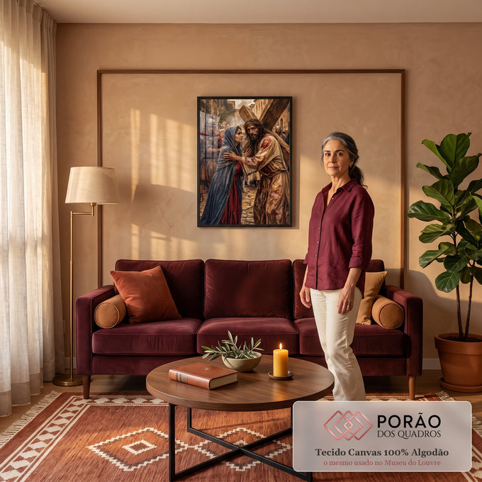 Quadro Decorativo Grande Jesus Carregando Marrom para Sala | quadros decorativos para sala de estar | Jesus com coroa de espinhos carrega cruz de madeira enquanto mulher toca seu peito | em ambiente 3 | Porao dos Quadros