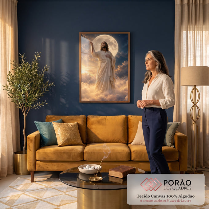 Quadro Decorativo Grande Figura Sagrada para Sala Dourado | quadros decorativos para sala de estar | homem de manto bege diante de lua gigante entre nuvens douradas e céu estrelado | em ambiente 3 | Porao dos Quadros