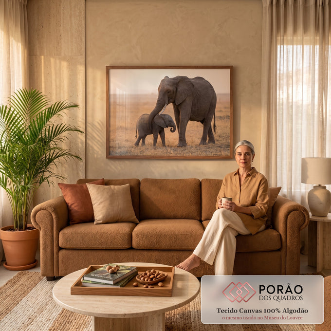 Quadro Decorativo Grande Elefanta e Filhote para Sala Bege | quadros decorativos para sala de estar | elefanta envolve filhote com a tromba em savana ao entardecer | em ambiente 3 | Porao dos Quadros