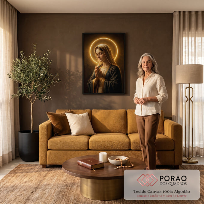Quadro Decorativo Grande Nossa Senhora Sacro para Sala | quadros decorativos para sala de estar | Nossa Senhora em oração com véu bege, manto azul e halo dourado sobre fundo escuro | em ambiente 3 | Porao dos Quadros