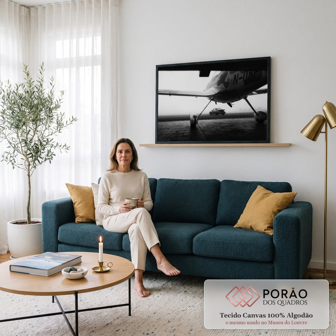 Quadro Decorativo Grande Avião e Carro para Sala Preto | quadros decorativos para sala de estar | avião camuflado e carro esportivo clássico em pátio com neblina em preto e branco | em ambiente 3 | Porao dos Quadros