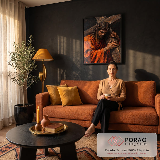Quadro Decorativo Grande Jesus Cristo Laranja para Sala | quadros decorativos para sala de estar | Jesus Cristo carregando a cruz com coroa de espinhos e manto laranja rasgado | em ambiente 3 | Porao dos Quadros