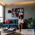 Quadro Decorativo Grande Retrato Pop Art para Sala Azul | quadros decorativos para sala de estar | retrato pop art com óculos aviador e cabelo black power em mosaico colorido | em ambiente 3 | Porao dos Quadros