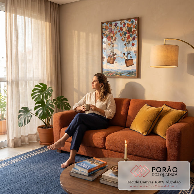 Quadro Decorativo Grande Casal e Balões de Livros para Sala | quadros decorativos para sala de estar | casal se dando as mãos entre balões feitos de livros coloridos sobre paisagem | em ambiente 3 | Porao dos Quadros