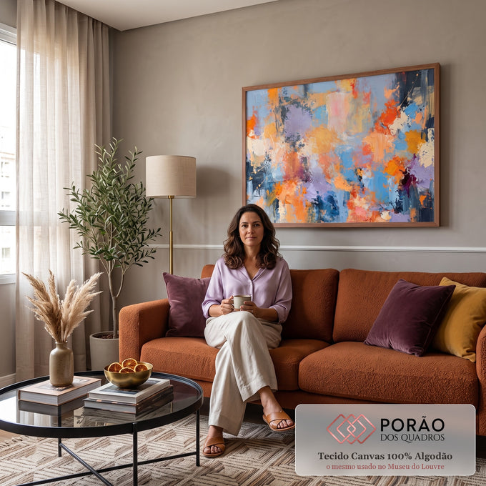 Quadro Decorativo Grande Abstrato em Azul para Sala Laranja | quadros decorativos para sala de estar | pintura abstrata com texturas de laranja, azul e roxo em pinceladas espessas | em ambiente 3 | Porao dos Quadros