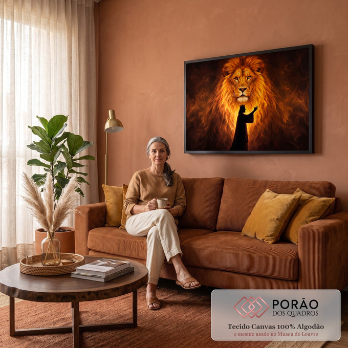 Quadro Decorativo Grande Leão em Chamas para Sala Dourado | quadros decorativos para sala de estar | leão com juba em chamas douradas e silhueta de rei coroado ao fundo escuro | em ambiente 3 | Porao dos Quadros