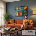 Quadro Decorativo Caminho de Outono com Reflexo no Lago | quadros decorativos para sala de estar | caminho sinuoso entre árvores de outono refletido em lago dourado ao entardecer | em ambiente 3 | Porao dos Quadros