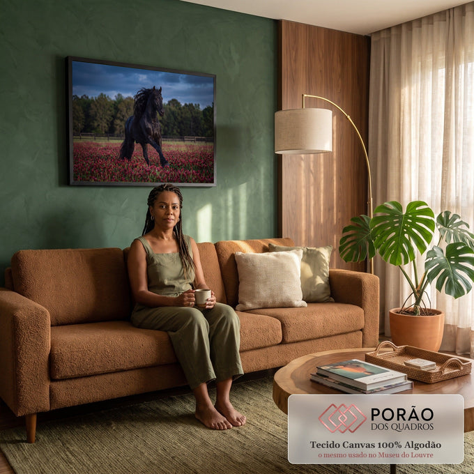 Quadro Decorativo Grande Cavalo Correndo Preto para Sala | quadros decorativos para sala de estar | cavalo preto de crina longa correndo em campo de flores vermelhas sob céu nublado | em ambiente 3 | Porao dos Quadros