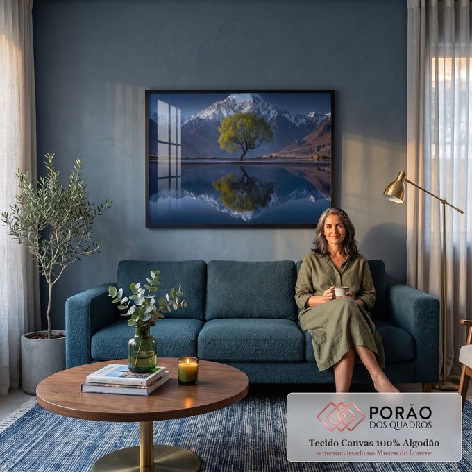 Árvore verde diante de montanha nevada refletida em lago espelhado sob céu azul, quadro decorativo